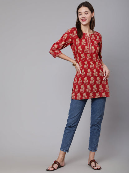 Women Red Ethnic Printed Straight Tunic With Three Quarter Sleeves | LASVINI - Redefining Indian Fashion with Elegance