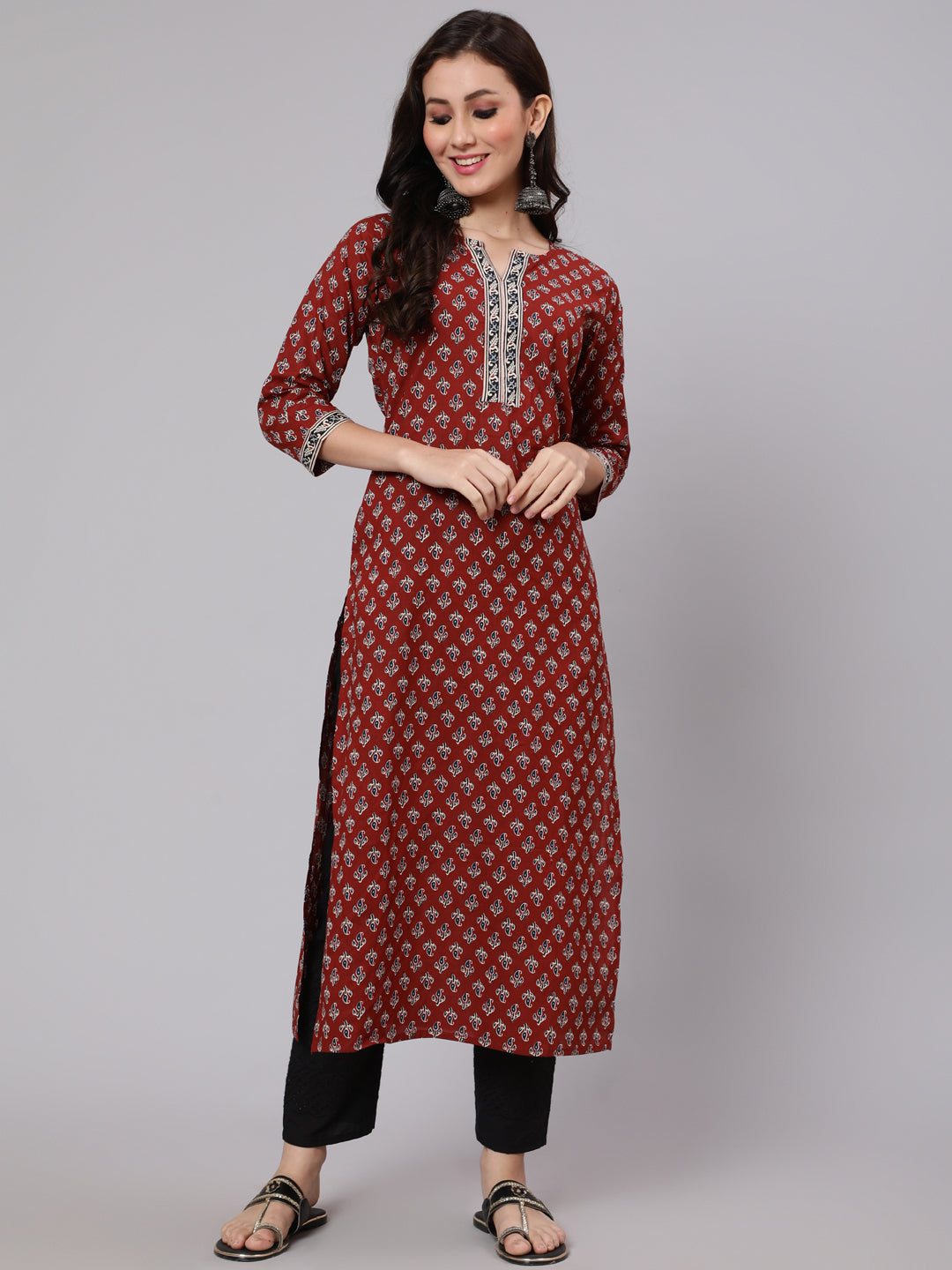 Women Maroon Ethnic Printed Straight Kurta With Three Quarter Sleeves | LASVINI - Redefining Indian Fashion with Elegance
