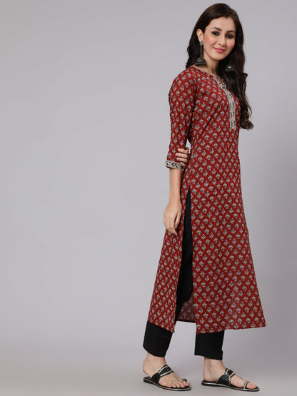 Women Maroon Ethnic Printed Straight Kurta With Three Quarter Sleeves | LASVINI - Redefining Indian Fashion with Elegance