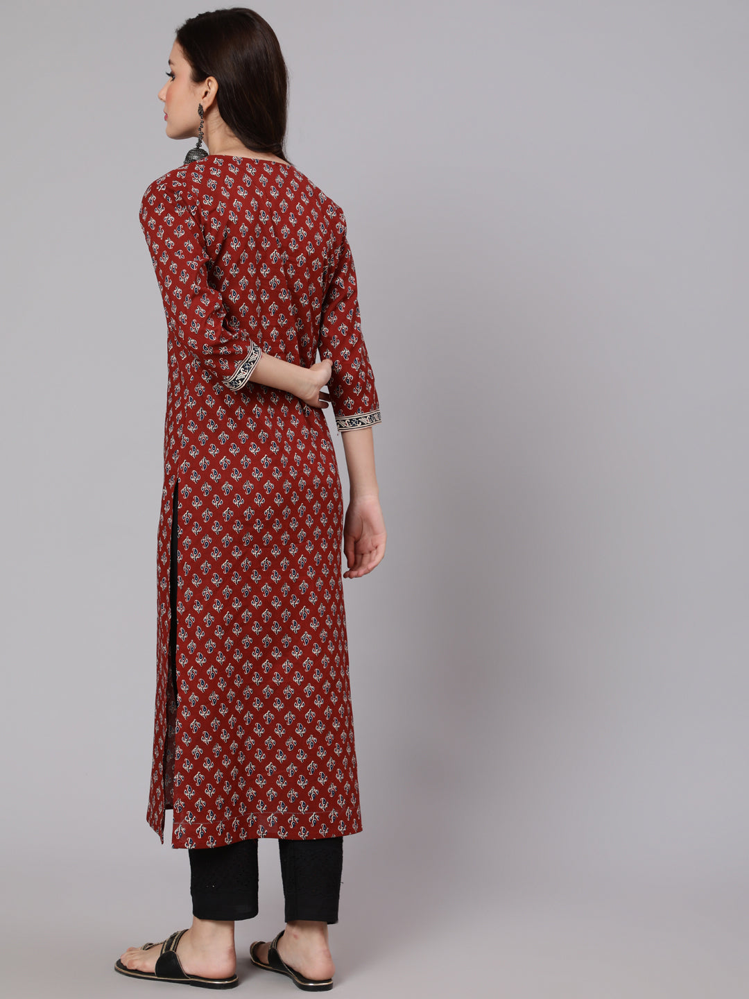 Women Maroon Ethnic Printed Straight Kurta With Three Quarter Sleeves | LASVINI - Redefining Indian Fashion with Elegance
