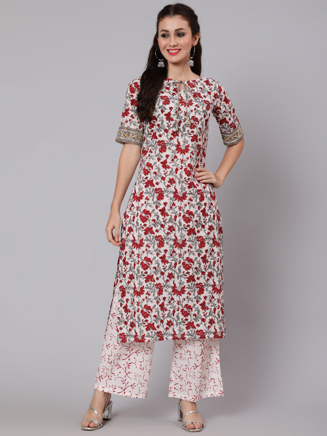Women Off-White Ethnic Printed Straight Kurta With Palazzo | LASVINI - Redefining Indian Fashion with Elegance