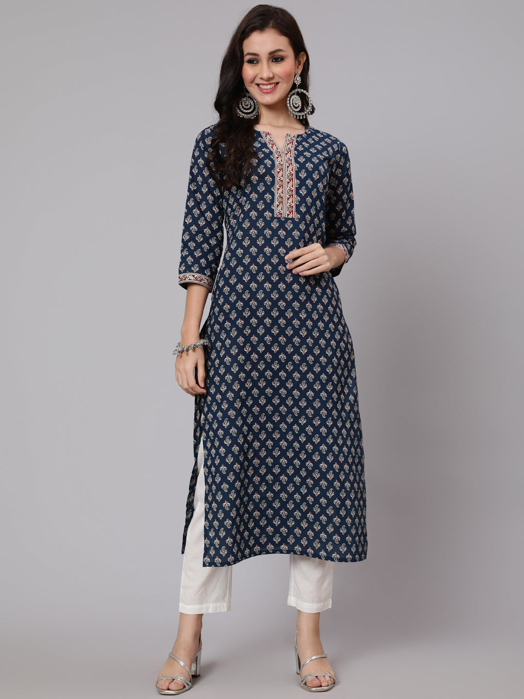 Women Navy Blue Ethnic Printed Straight Kurta With Three Quarter Sleeves | LASVINI - Redefining Indian Fashion with Elegance