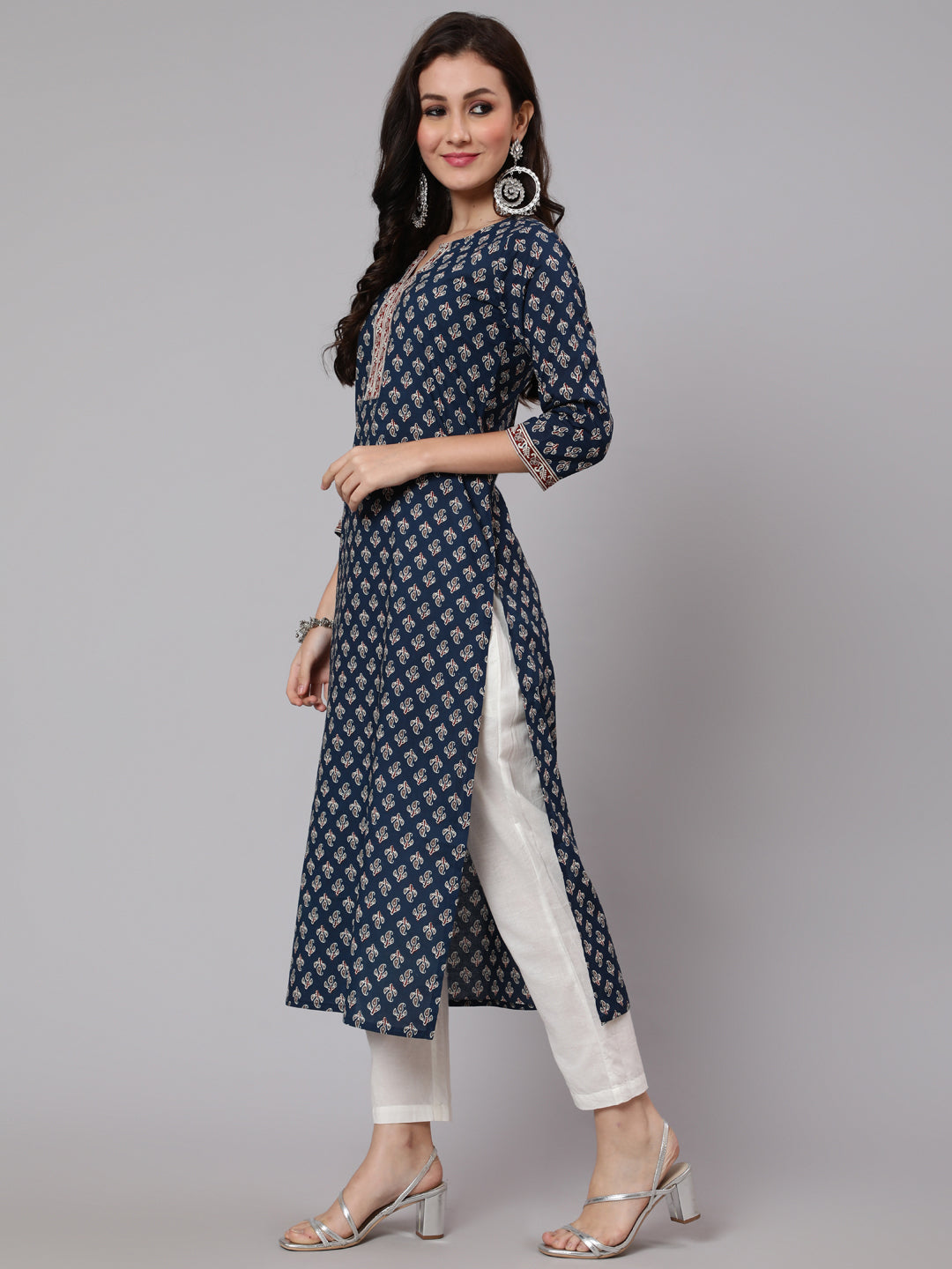 Women Navy Blue Ethnic Printed Straight Kurta With Three Quarter Sleeves | LASVINI - Redefining Indian Fashion with Elegance