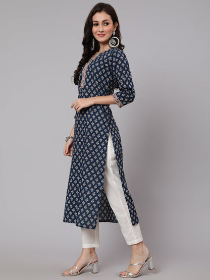 Women Navy Blue Ethnic Printed Straight Kurta With Three Quarter Sleeves | LASVINI - Redefining Indian Fashion with Elegance