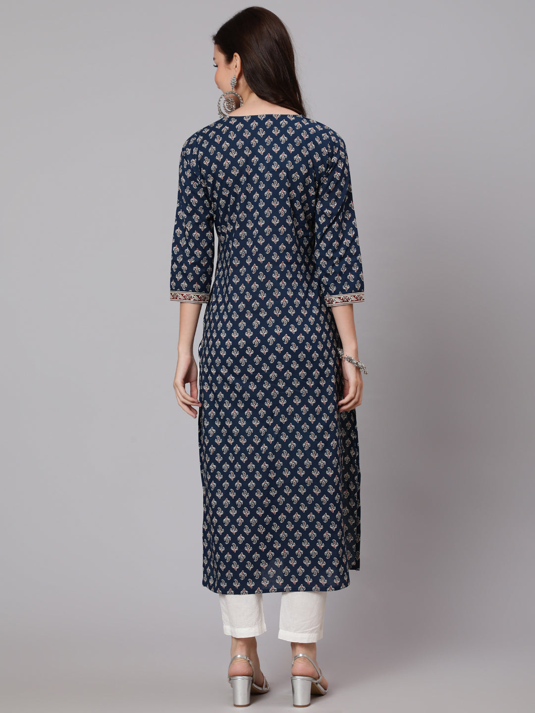 Women Navy Blue Ethnic Printed Straight Kurta With Three Quarter Sleeves | LASVINI - Redefining Indian Fashion with Elegance