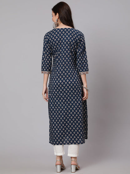 Women Navy Blue Ethnic Printed Straight Kurta With Three Quarter Sleeves | LASVINI - Redefining Indian Fashion with Elegance