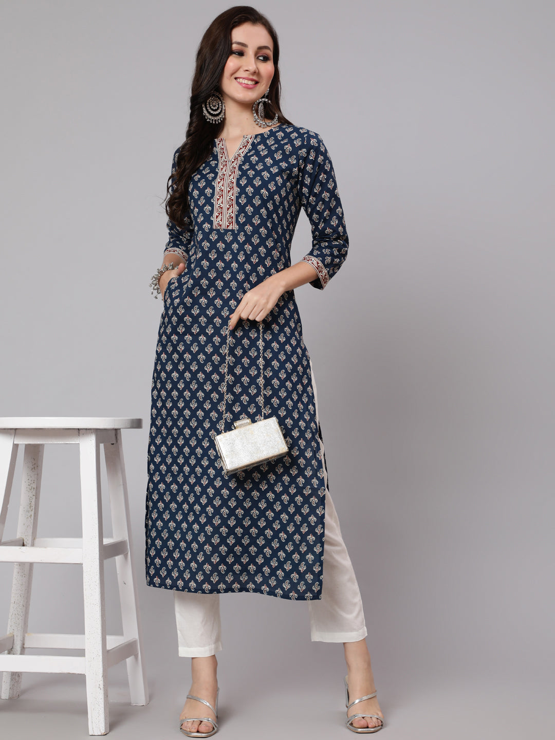 Women Navy Blue Ethnic Printed Straight Kurta With Three Quarter Sleeves | LASVINI - Redefining Indian Fashion with Elegance