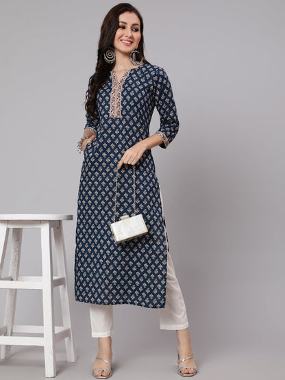 Women Navy Blue Ethnic Printed Straight Kurta With Three Quarter Sleeves | LASVINI - Redefining Indian Fashion with Elegance
