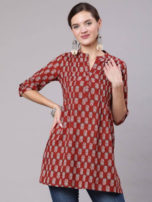 Women Maroon Ethnic Printed Straight Tunic With Three Quarter Sleeves | LASVINI - Redefining Indian Fashion with Elegance