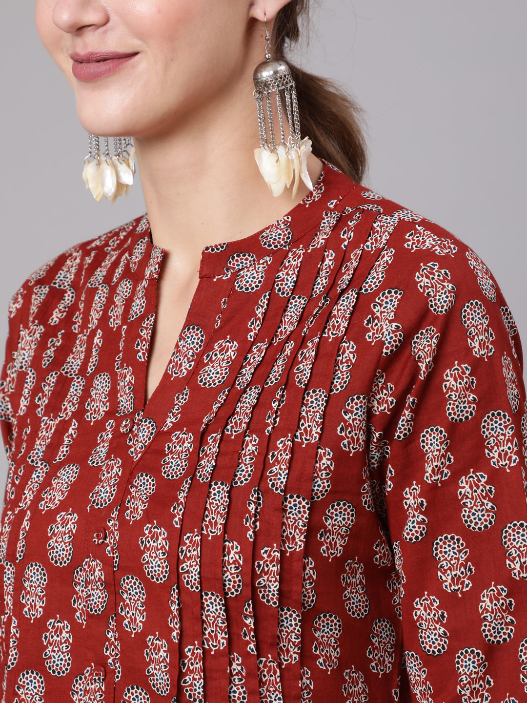 Women Maroon Ethnic Printed Straight Tunic With Three Quarter Sleeves | LASVINI - Redefining Indian Fashion with Elegance