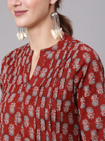 Women Maroon Ethnic Printed Straight Tunic With Three Quarter Sleeves | LASVINI - Redefining Indian Fashion with Elegance