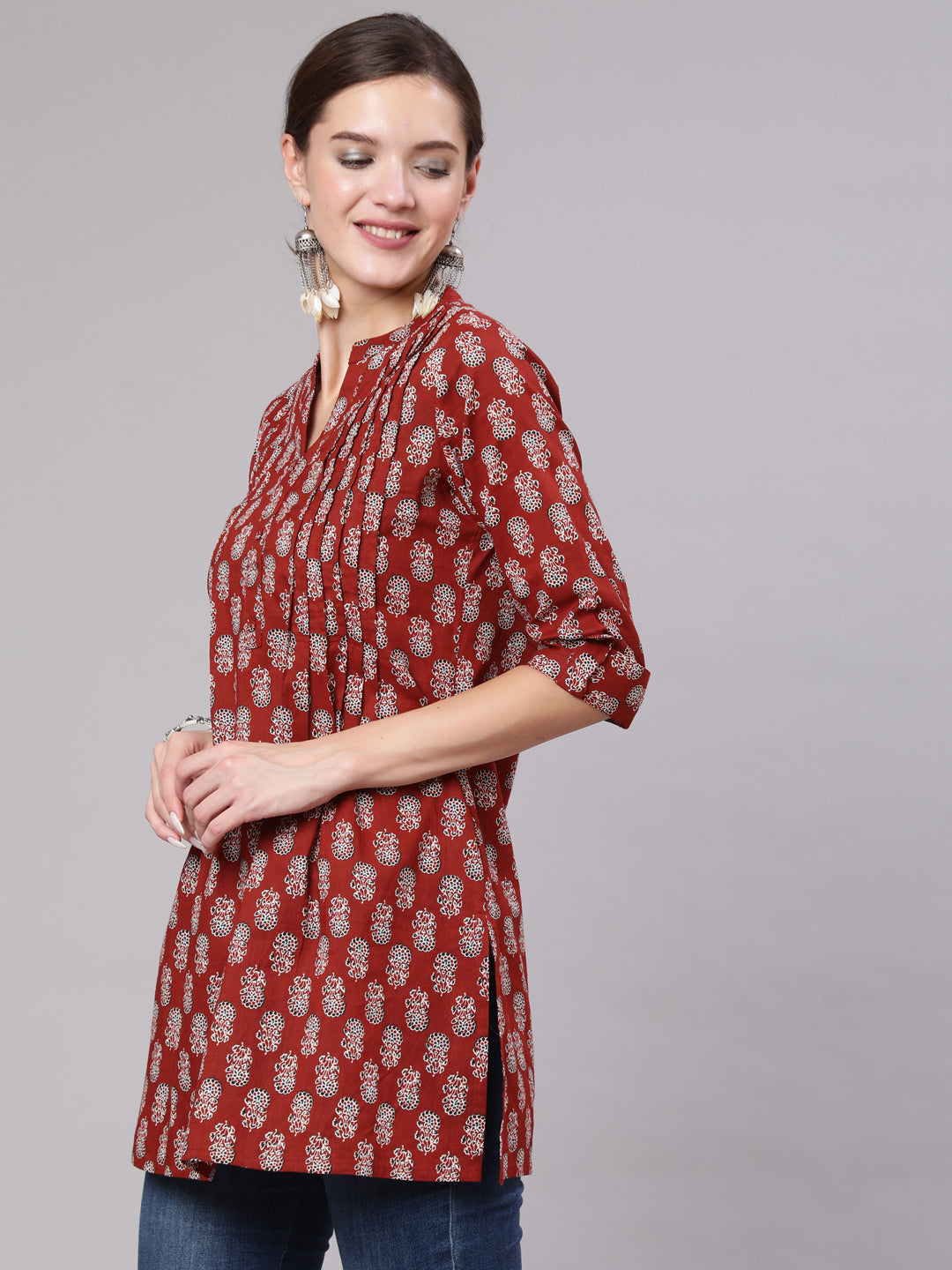 Women Maroon Ethnic Printed Straight Tunic With Three Quarter Sleeves | LASVINI - Redefining Indian Fashion with Elegance