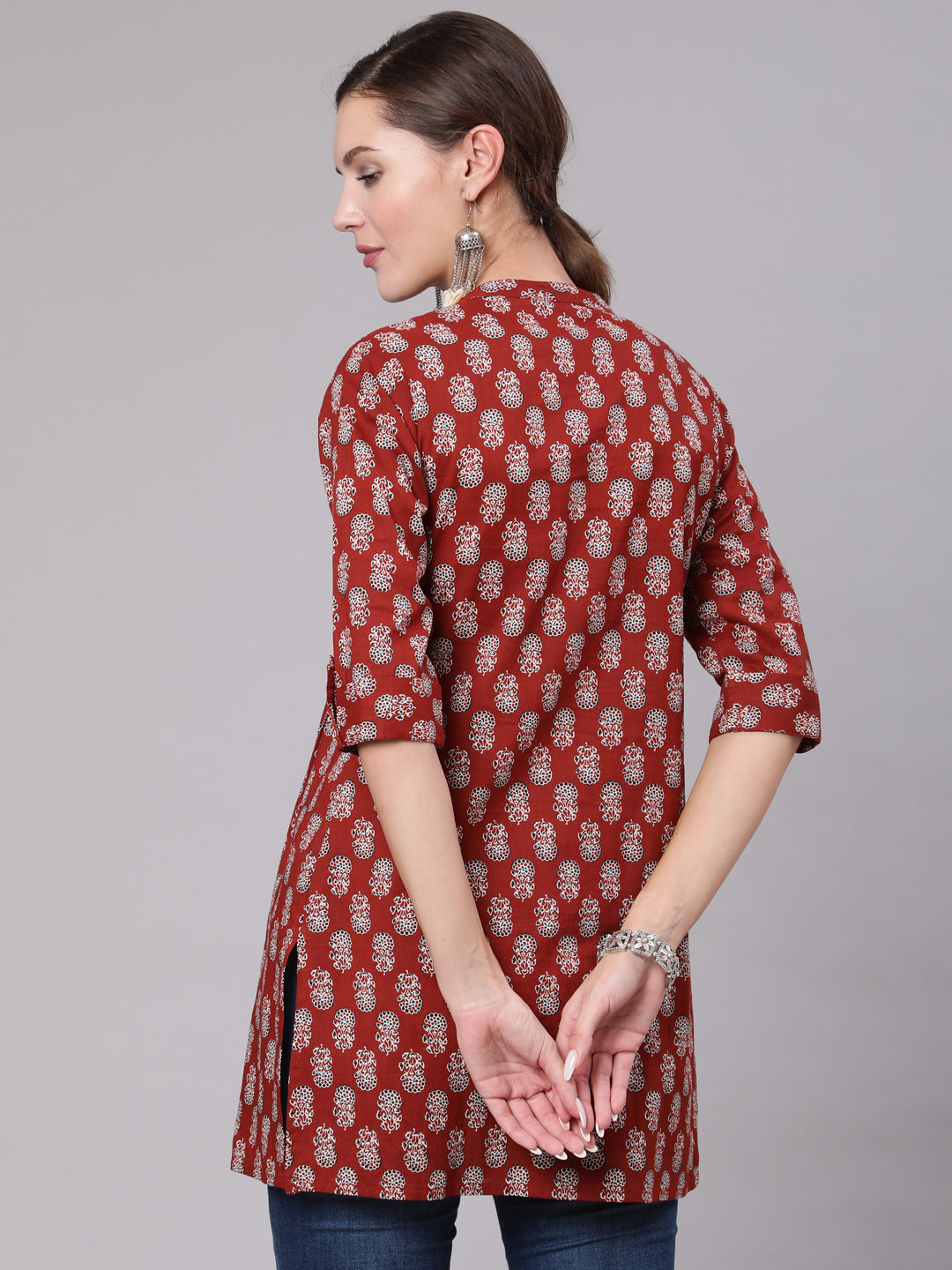 Women Maroon Ethnic Printed Straight Tunic With Three Quarter Sleeves | LASVINI - Redefining Indian Fashion with Elegance