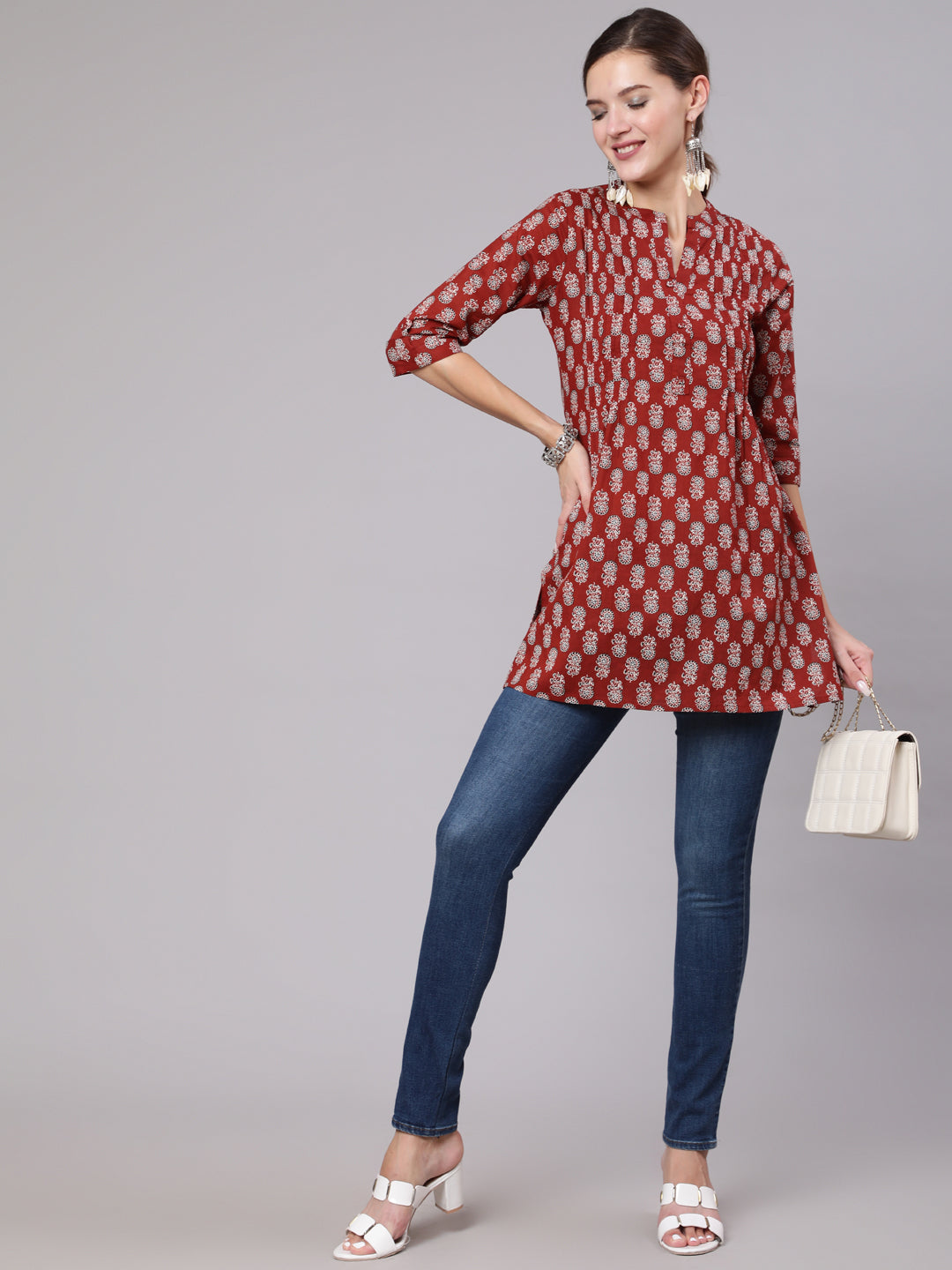 Women Maroon Ethnic Printed Straight Tunic With Three Quarter Sleeves | LASVINI - Redefining Indian Fashion with Elegance