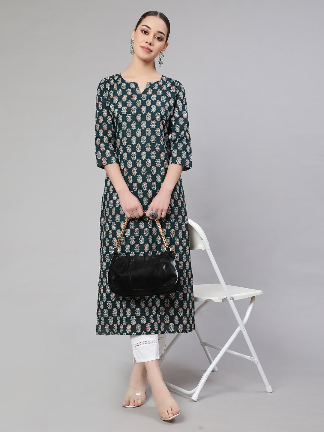 Women Green Ethnic Printed Straight Kurta With Three Quarter Sleeves | LASVINI - Redefining Indian Fashion with Elegance