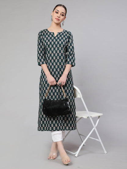 Women Green Ethnic Printed Straight Kurta With Three Quarter Sleeves | LASVINI - Redefining Indian Fashion with Elegance