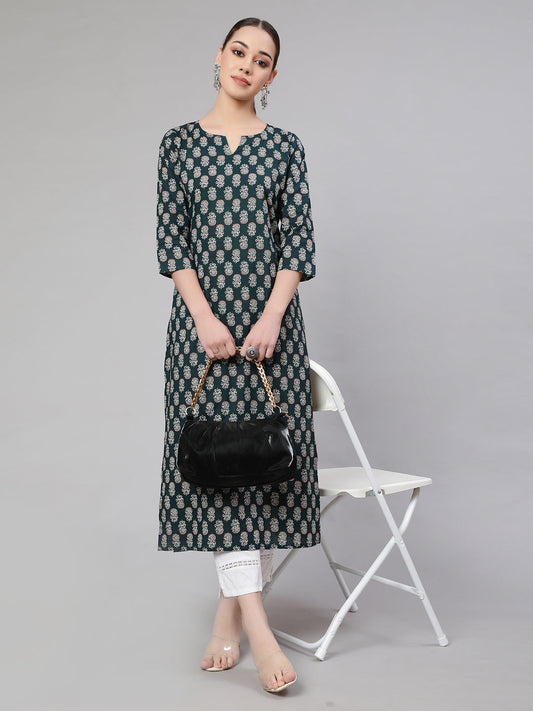 Women Green Ethnic Printed Straight Kurta With Three Quarter Sleeves | LASVINI - Redefining Indian Fashion with Elegance