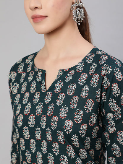 Women Green Ethnic Printed Straight Kurta With Three Quarter Sleeves | LASVINI - Redefining Indian Fashion with Elegance