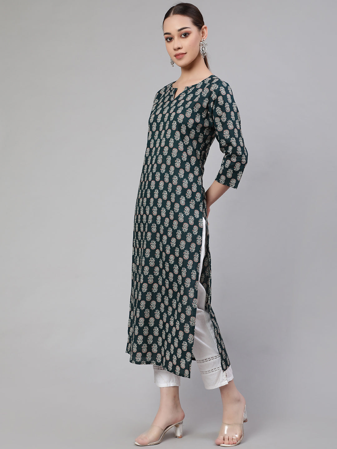 Women Green Ethnic Printed Straight Kurta With Three Quarter Sleeves | LASVINI - Redefining Indian Fashion with Elegance