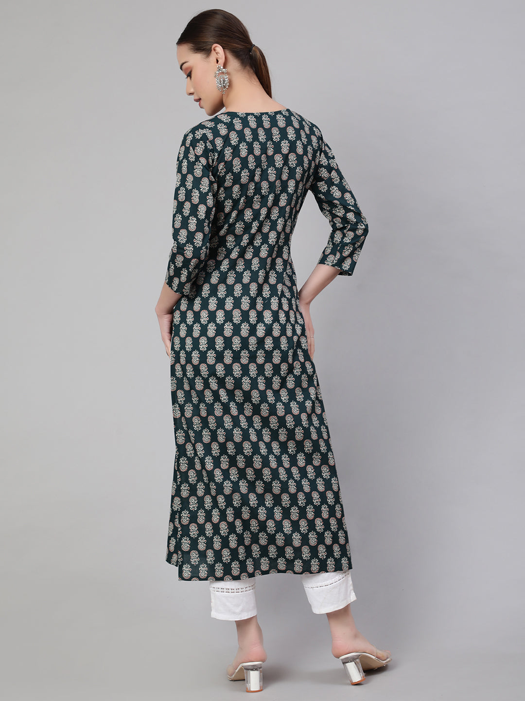 Women Green Ethnic Printed Straight Kurta With Three Quarter Sleeves | LASVINI - Redefining Indian Fashion with Elegance