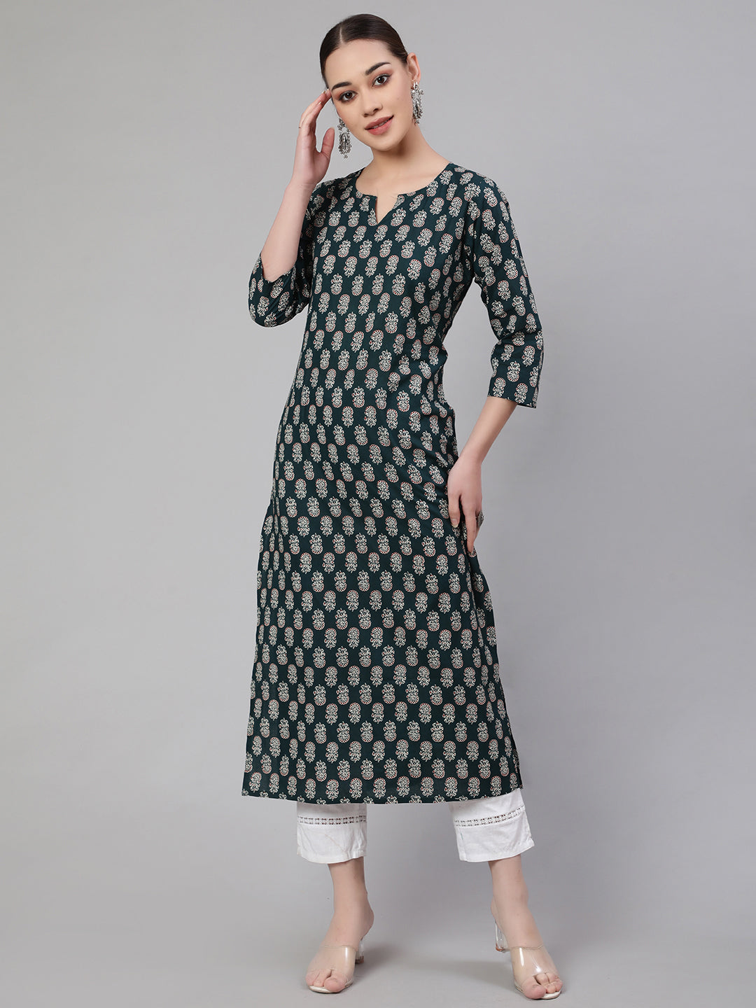 Women Green Ethnic Printed Straight Kurta With Three Quarter Sleeves | LASVINI - Redefining Indian Fashion with Elegance