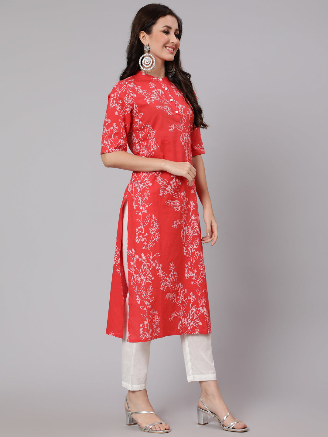 Women Red Floral Printed Straight Kurta With Three Quarter Sleeves | LASVINI - Redefining Indian Fashion with Elegance