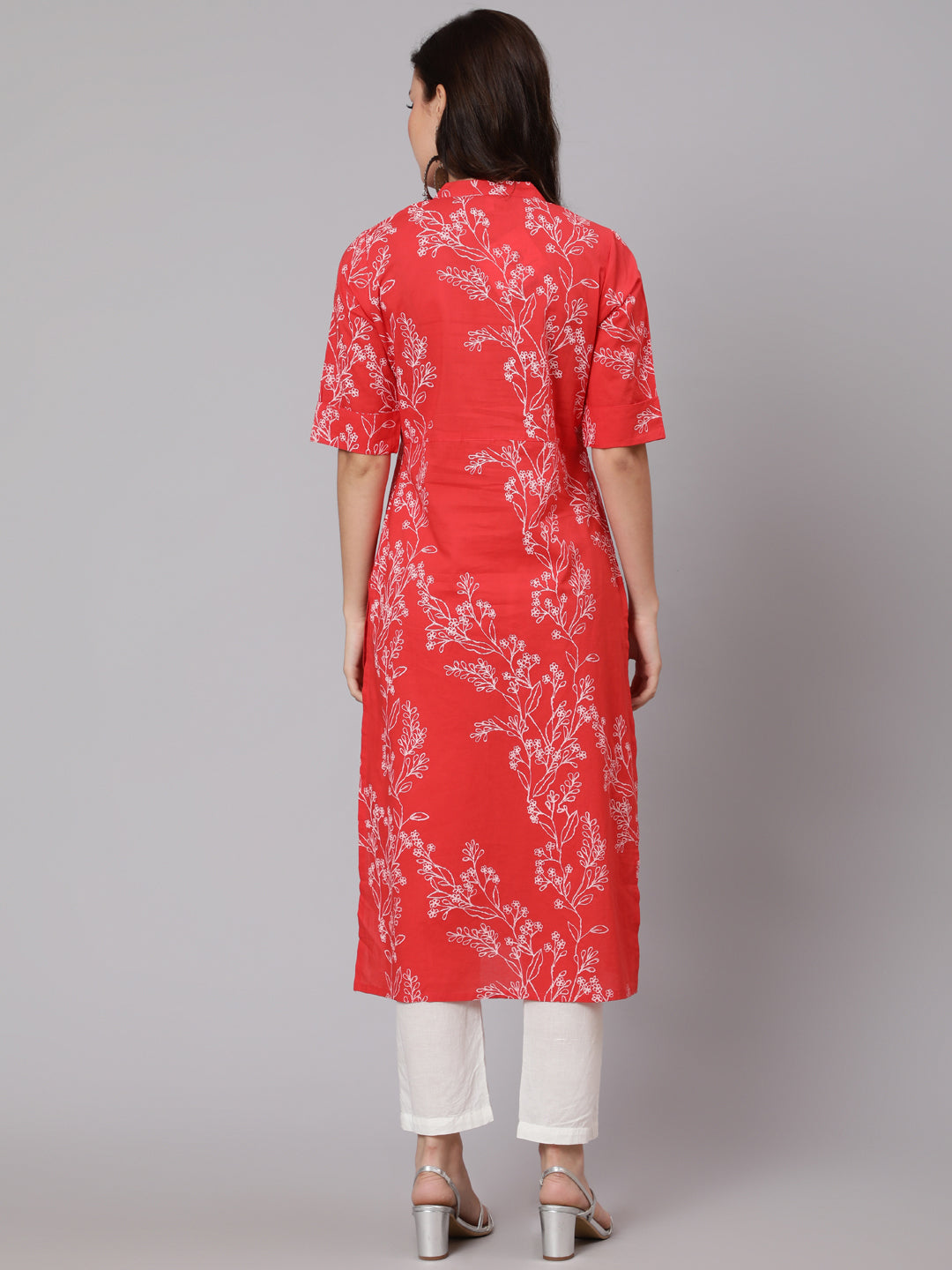 Women Red Floral Printed Straight Kurta With Three Quarter Sleeves | LASVINI - Redefining Indian Fashion with Elegance