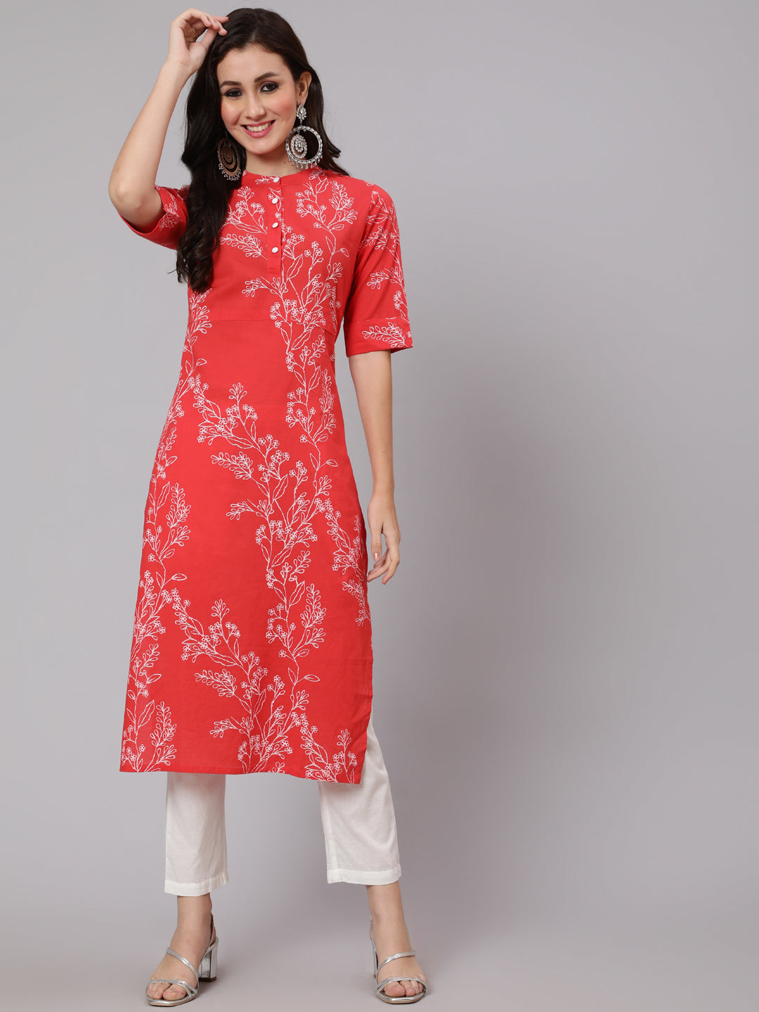 Women Red Floral Printed Straight Kurta With Three Quarter Sleeves | LASVINI - Redefining Indian Fashion with Elegance