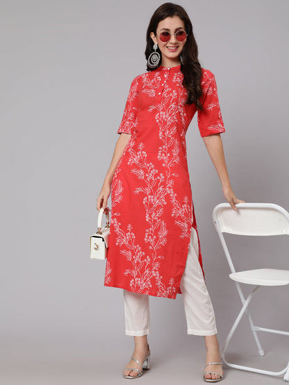 Women Red Floral Printed Straight Kurta With Three Quarter Sleeves | LASVINI - Redefining Indian Fashion with Elegance