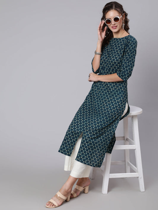 Women Teal Blue Printed Straight Kurta With Three Quarter Sleeves | LASVINI - Redefining Indian Fashion with Elegance