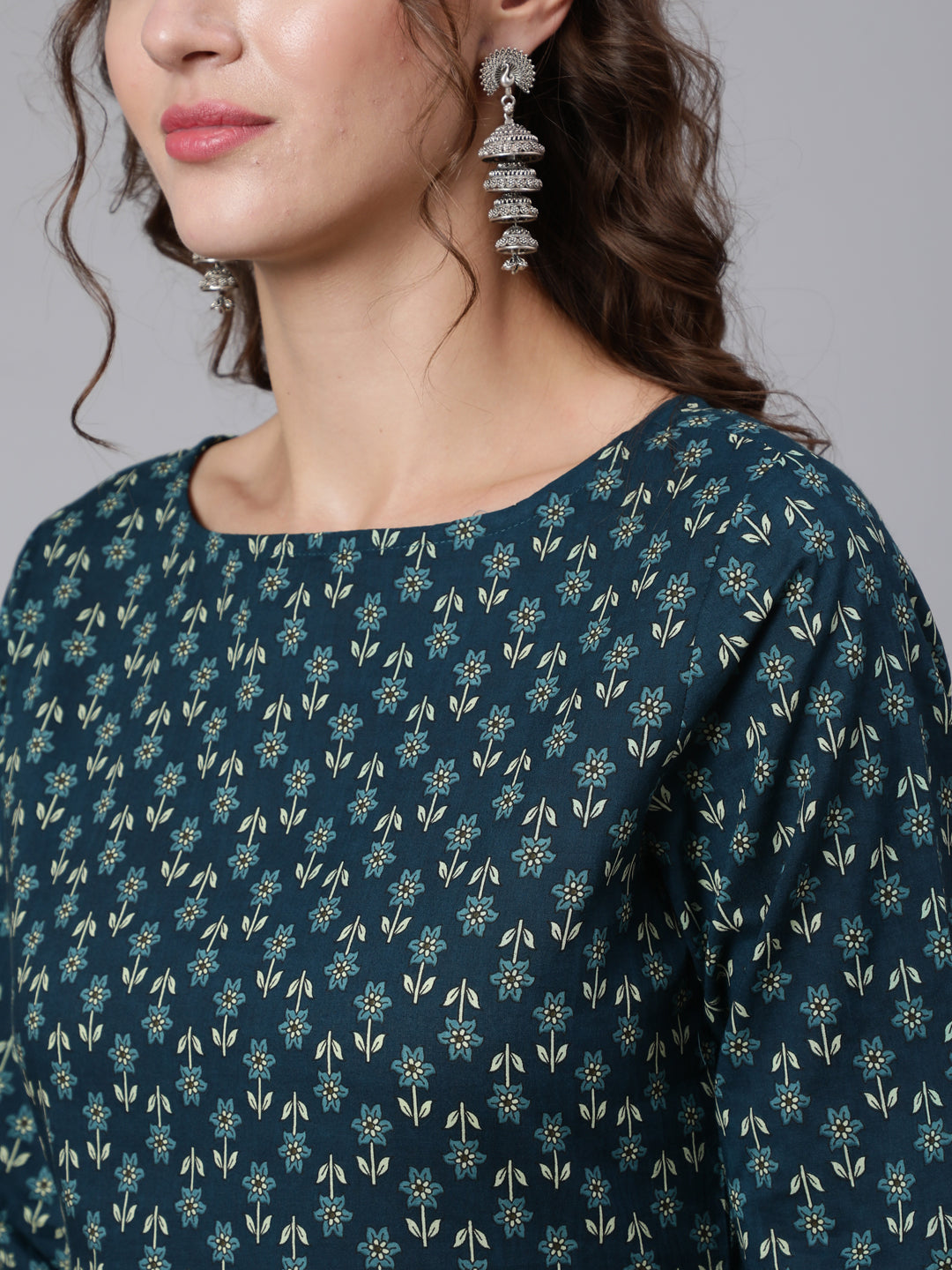 Women Teal Blue Printed Straight Kurta With Three Quarter Sleeves | LASVINI - Redefining Indian Fashion with Elegance