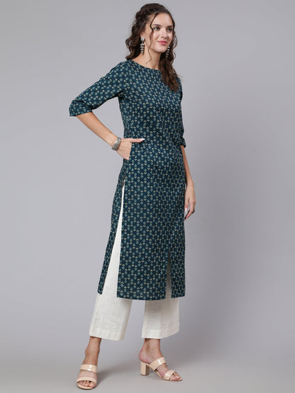 Women Teal Blue Printed Straight Kurta With Three Quarter Sleeves | LASVINI - Redefining Indian Fashion with Elegance