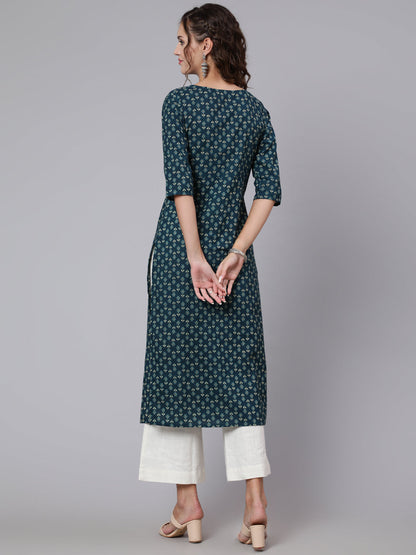 Women Teal Blue Printed Straight Kurta With Three Quarter Sleeves | LASVINI - Redefining Indian Fashion with Elegance