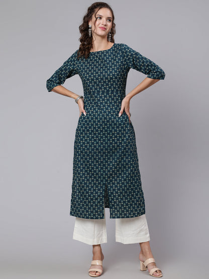 Women Teal Blue Printed Straight Kurta With Three Quarter Sleeves | LASVINI - Redefining Indian Fashion with Elegance