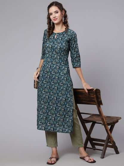 Women Teal Blue Printed Straight Kurta With Three Quarter Sleeves | LASVINI - Redefining Indian Fashion with Elegance