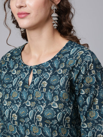 Women Teal Blue Printed Straight Kurta With Three Quarter Sleeves | LASVINI - Redefining Indian Fashion with Elegance