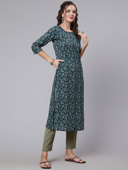 Women Teal Blue Printed Straight Kurta With Three Quarter Sleeves | LASVINI - Redefining Indian Fashion with Elegance