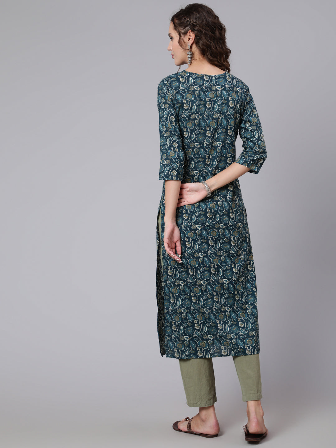 Women Teal Blue Printed Straight Kurta With Three Quarter Sleeves | LASVINI - Redefining Indian Fashion with Elegance