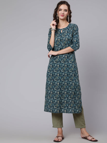 Women Teal Blue Printed Straight Kurta With Three Quarter Sleeves | LASVINI - Redefining Indian Fashion with Elegance