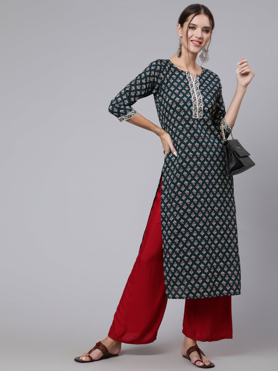 Women Green Printed Straight Kurta With Three Quarter Sleeves | LASVINI - Redefining Indian Fashion with Elegance
