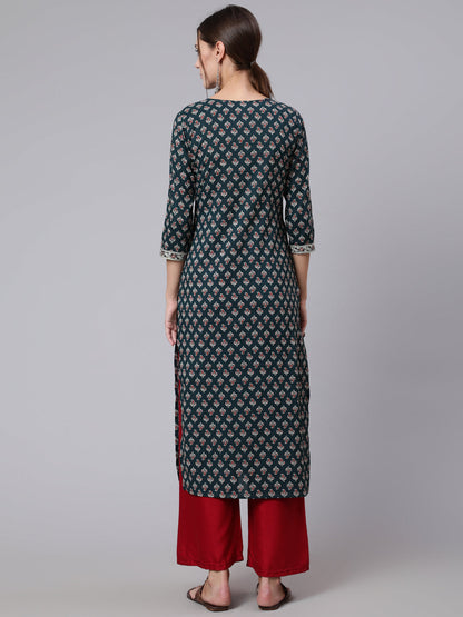 Women Green Printed Straight Kurta With Three Quarter Sleeves | LASVINI - Redefining Indian Fashion with Elegance