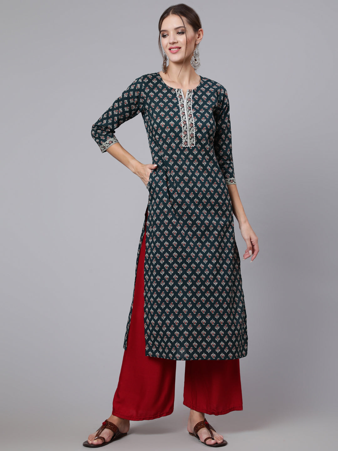 Women Green Printed Straight Kurta With Three Quarter Sleeves | LASVINI - Redefining Indian Fashion with Elegance