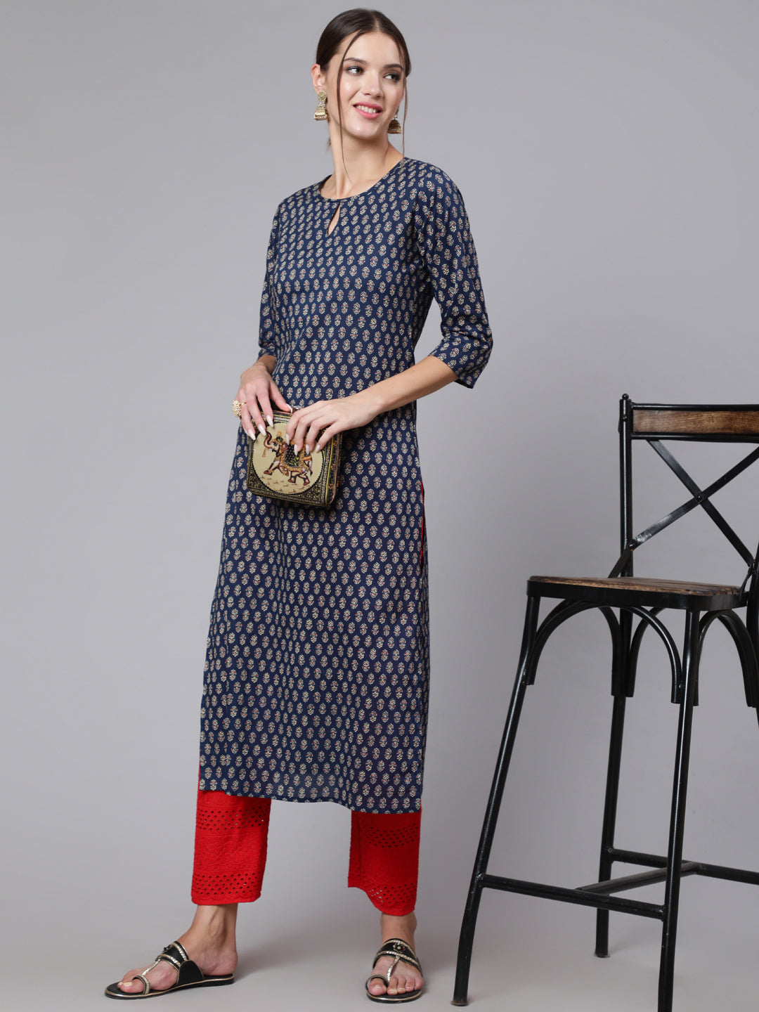 Women Blue Printed Straight Kurta With Three Quarter Sleeves | LASVINI - Redefining Indian Fashion with Elegance