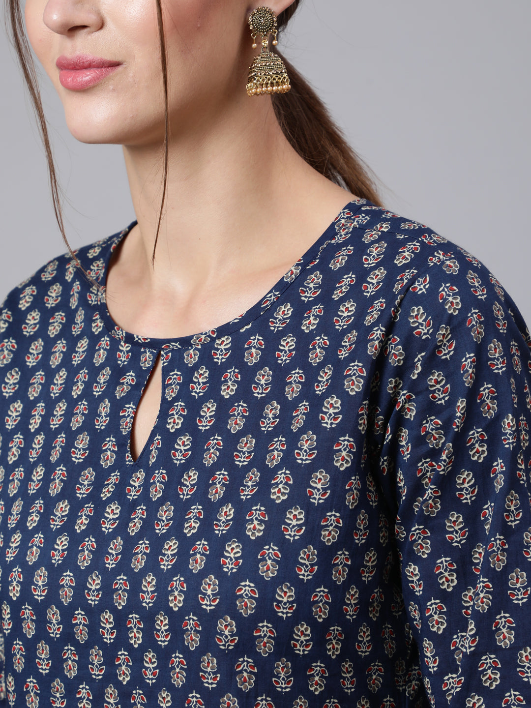 Women Blue Printed Straight Kurta With Three Quarter Sleeves | LASVINI - Redefining Indian Fashion with Elegance