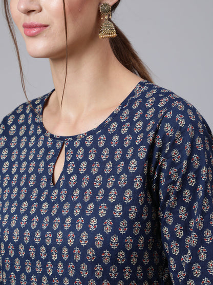 Women Blue Printed Straight Kurta With Three Quarter Sleeves | LASVINI - Redefining Indian Fashion with Elegance