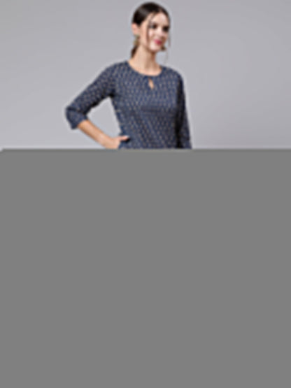 Women Blue Printed Straight Kurta With Three Quarter Sleeves | LASVINI - Redefining Indian Fashion with Elegance