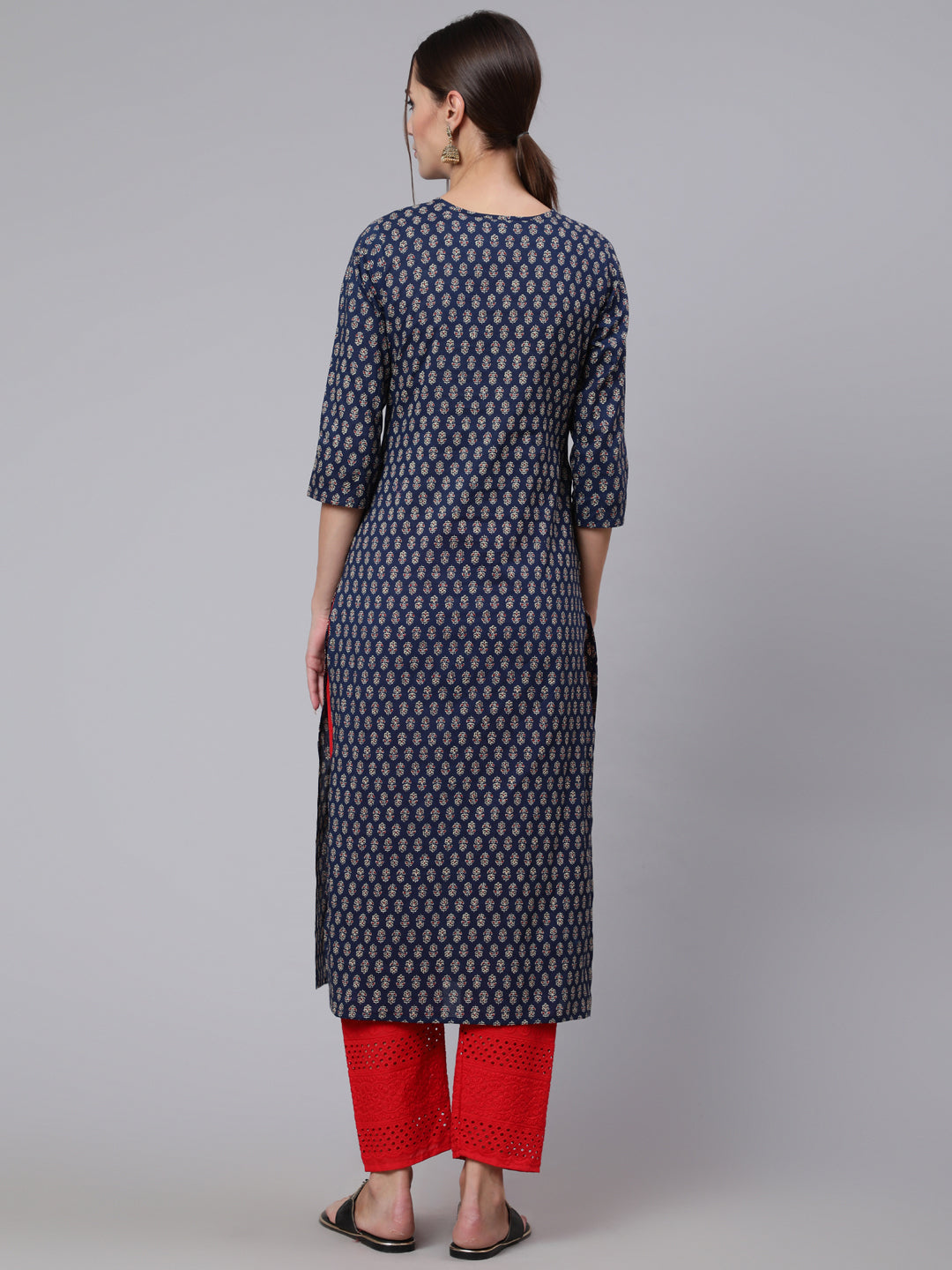 Women Blue Printed Straight Kurta With Three Quarter Sleeves | LASVINI - Redefining Indian Fashion with Elegance