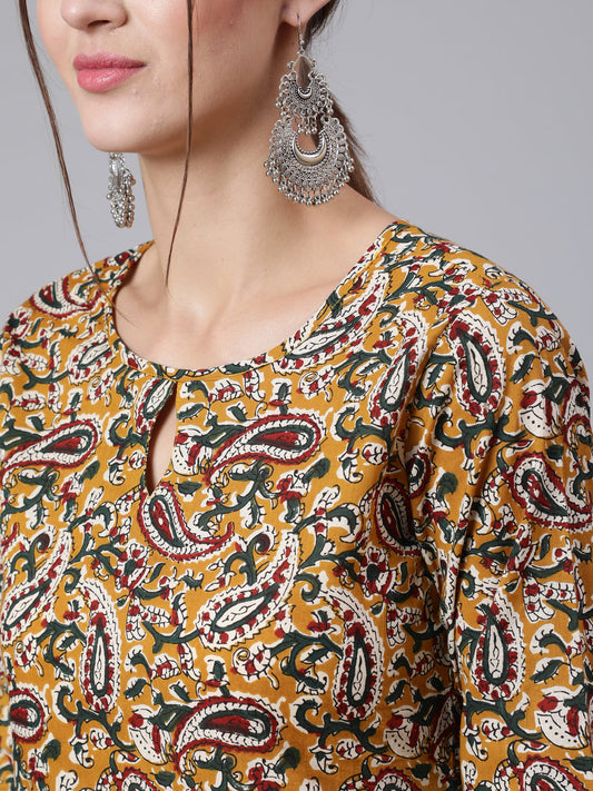 Women Yellow Printed Straight Kurta With Three Quarter Sleeves | LASVINI - Redefining Indian Fashion with Elegance