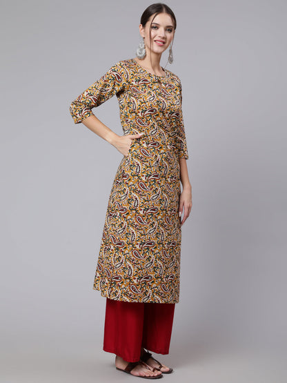 Women Yellow Printed Straight Kurta With Three Quarter Sleeves | LASVINI - Redefining Indian Fashion with Elegance