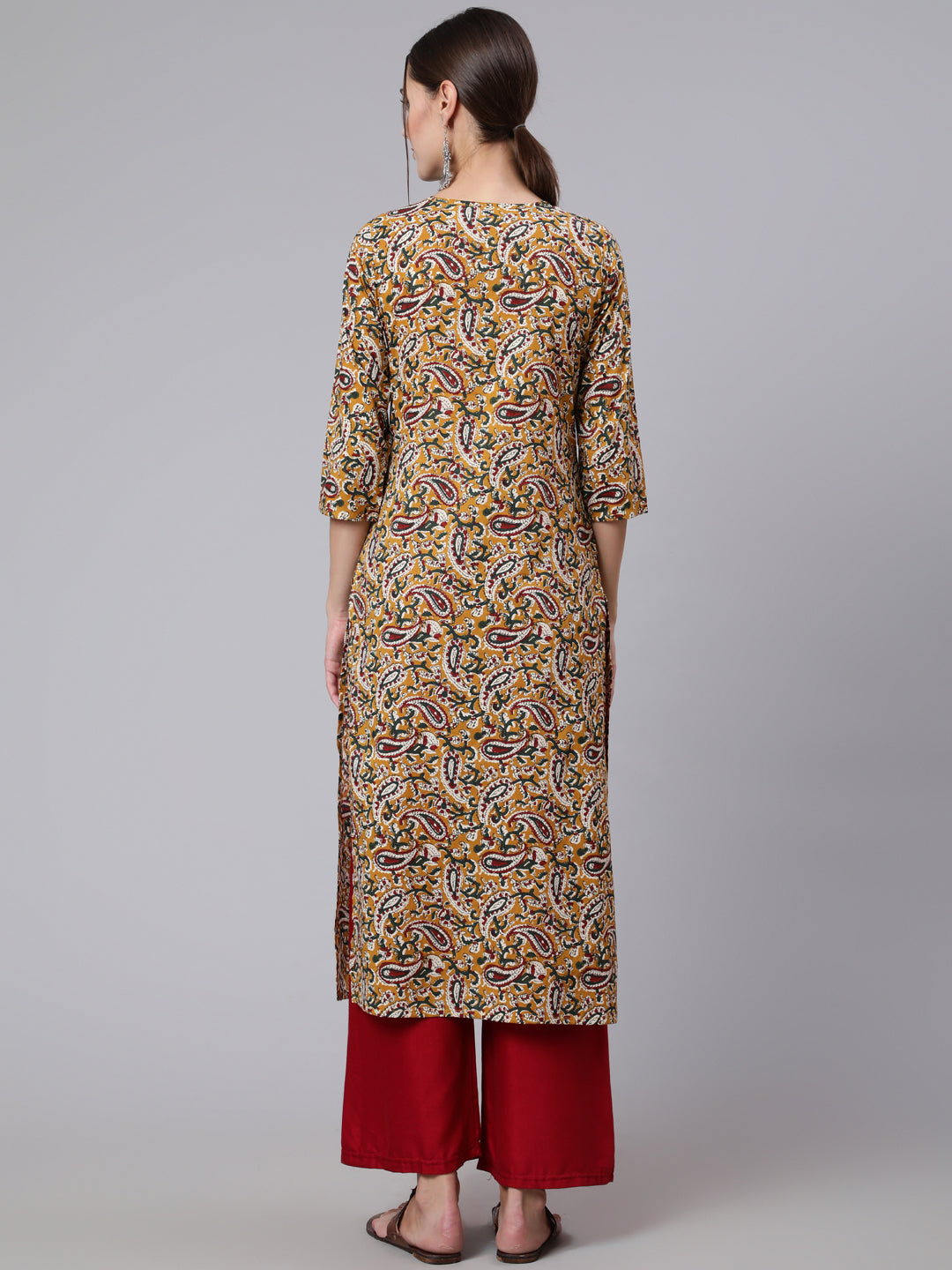 Women Yellow Printed Straight Kurta With Three Quarter Sleeves | LASVINI - Redefining Indian Fashion with Elegance